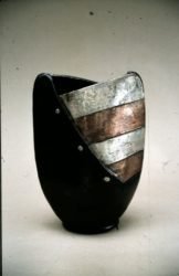 John bedding raku fired vase with silver nitrate and copper stripes