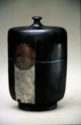 John bedding raku fired copper and silver nitrate glazed bottle vase