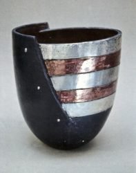 John bedding cut and shaped bowl with silver nitrate and copper glazed stripes